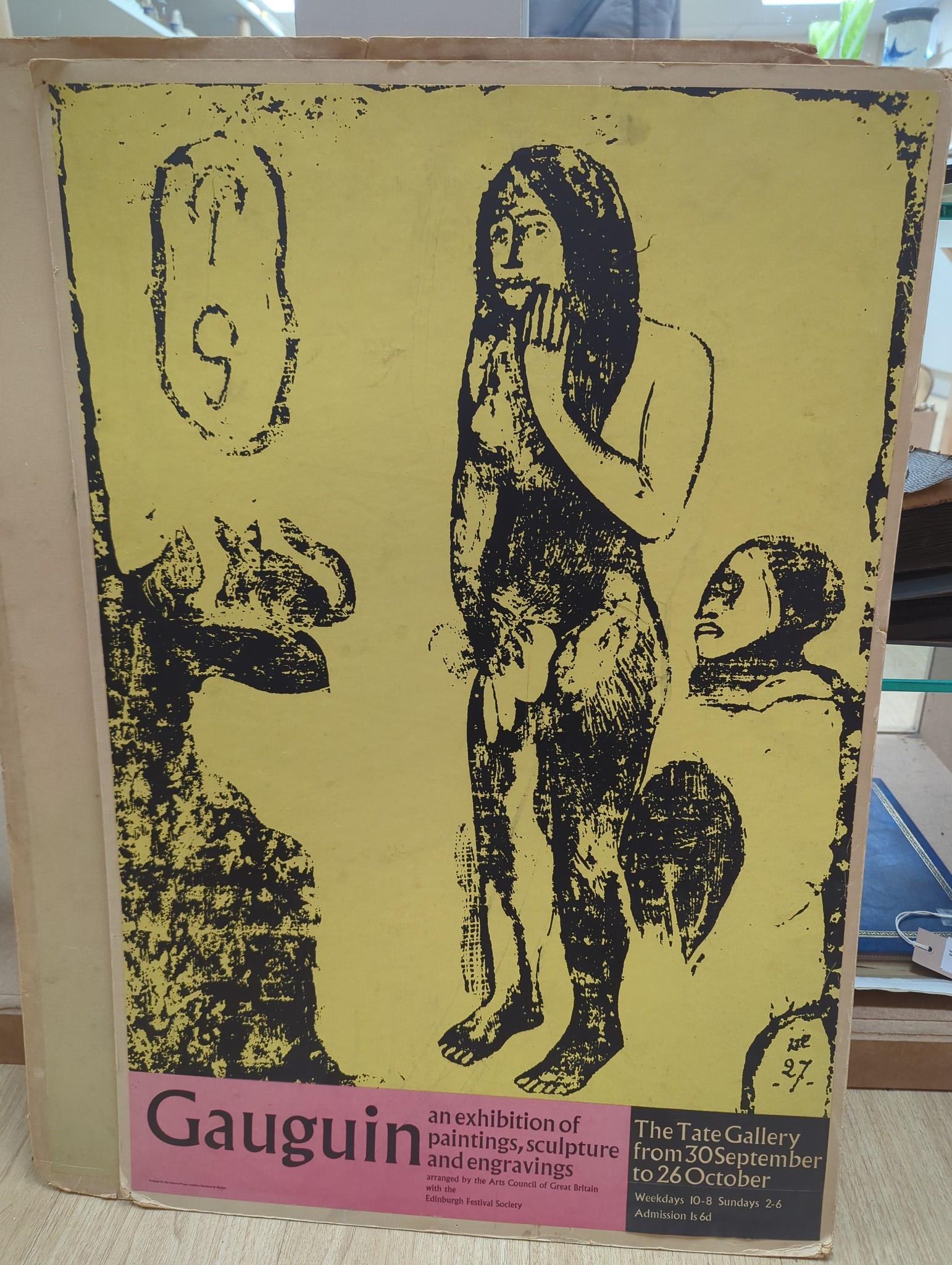 Three 1950's art exhibition frameless posters: Lautrec, Gauguin and Redon, 80cms high x 54cms wide